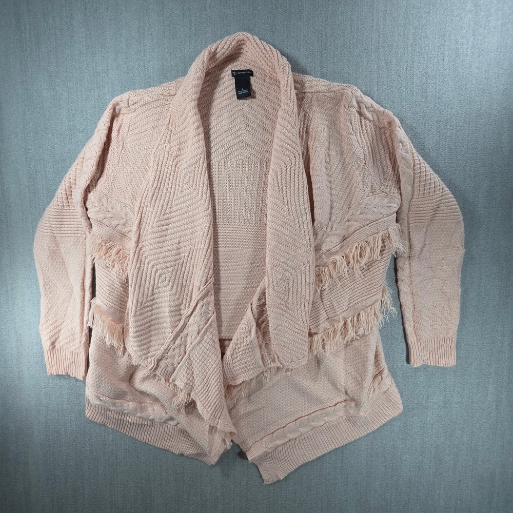 New Directions Cardigan Women Large Pink Open Front Fringe Cable Knit Sweater